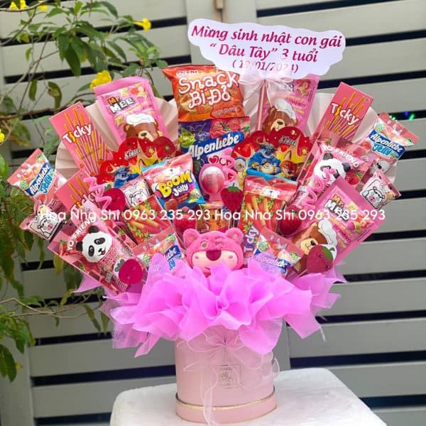 Hộp Hoa Bánh Kẹo Sinh Nhật - Tone Hồng - 162